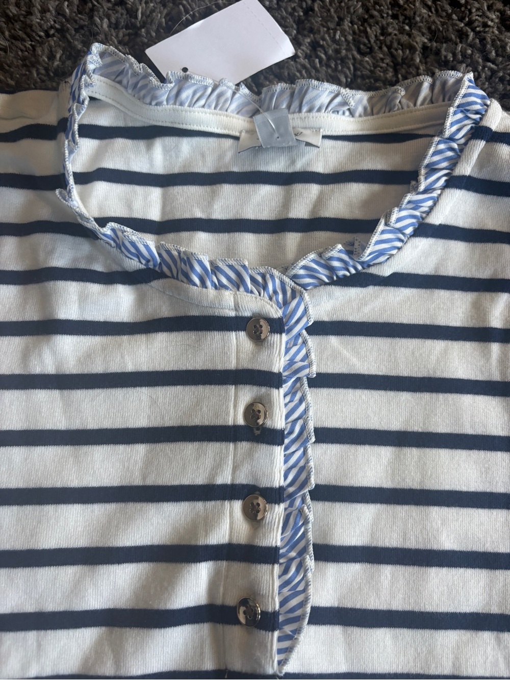 J. Crew Navy and White Striped Ruffle-Trim Button Front Top